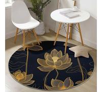Round Area Rugs Black, Chinese Hand-Painted Lotus Line Art Pattern Soft Circle Carpet, Non Slip Hallway Floor Mat, Machine Washable Floor Rug for Living Room Bedroom Bathroom, 150 cm
