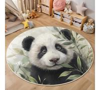 Round Area Rugs Black, Soft Fluffy Panda Bamboo Leaves Printed Circle Rug, Washable Flannel Cute Animals Carpet, for Children's Bedroom Bedside Bathroom Playing Room 150cm