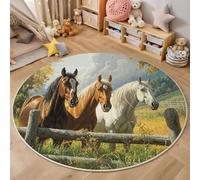 Round Area Rugs Brown, Soft Fluffy Three Horses Grassland Printed Circle Rug, Washable Flannel Realistic Pastoral Carpet, for Children's Bedroom Bedside Bathroom Playing Room 100cm