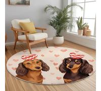 Round Area Rugs Cartoon Heart Puppy Pattern Circle Carpet Floor Mats, 150 cm Soft Machine Washable Rug, Cream Low-Pile Resistant Thin Rug for Living Room Coffee Dining Room