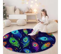 Round Area Rugs Circle 160cm - Anime Cartoon Peacock Feathers Print Indoor Floor Cover Rug Non Slip Washable For Living Room Bedroom Dressing Room Decor, Dark Blue