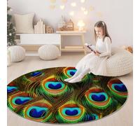 Round Area Rugs Circle 160cm - Simple Delicate Peacock Feather Lines Print Indoor Floor Cover Rug Non Slip Washable For Living Room Bedroom Dressing Room Decor, Turquoise