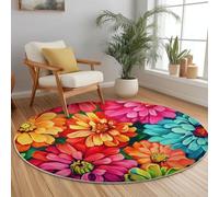 Round Area Rugs Circle 180cm - Delicate Bright Floral Chrysanthemum Lines Print Indoor Floor Cover Rug Non Slip Washable For Living Room Bedroom Dressing Room Decor, Red