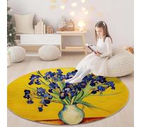 Round Area Rugs Circle 180cm - Oil Painting Delicate Floral Elements Irises Print Indoor Floor Cover Rug Non Slip Washable For Living Room Bedroom Dressing Room Decor, Yellow