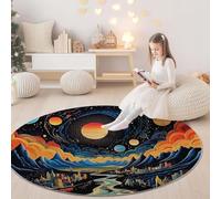 Round Area Rugs Circle 90cm - Oil Painting Anime Space Planet Print Indoor Floor Cover Rug Non Slip Washable For Living Room Bedroom Dressing Room Decor, Blue-Black