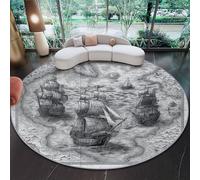 Round Area Rugs Diameter 60 cm, Fantasy Hand-Painted Map Sailing Ship Printed Decor Rugs, Gray-Black Low Pile Non-Slip Circle Rugs, Pet & Child Friendly Carpets, for Living Room, Bedroom