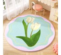 Round Area Rugs Faux Wool Carpet Nursery Crawling Play Mat for Children Toddler Girl Boy Gameroom Shaggy for Teenage Rug for Bedroom Living Room Dog Elephant Lion (Pink Green, 80x80cm)