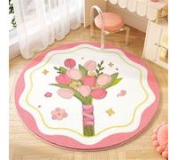 Round Area Rugs Faux Wool Carpet Nursery Crawling Play Mat for Children Toddler Girl Boy Gameroom Shaggy for Teenage Rug for Bedroom Living Room Pink Flower (Pink White, 80x80cm)