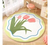 Round Area Rugs Faux Wool Carpet Nursery Crawling Play Mat for Children Toddler Girl Boy Gameroom Shaggy for Teenage Rug for Bedroom Living Room Pink Flower (Green White, 60x60cm)