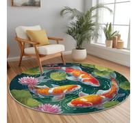 Round Area Rugs Flannel Non Slip ø 100 cm, Animal Carp Lotus Leaf Theme Short Pile Fluffy Circle Carpet for Living Room Bedroom Home Office Dining Room Kitchen Decor, Green Orange
