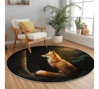 Round Area Rugs Flannel Non Slip ø 100 cm, Animal Jungle Fox Theme Short Pile Fluffy Circle Carpet for Living Room Bedroom Home Office Dining Room Kitchen Decor, Black Orange