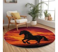 Round Area Rugs Flannel Non Slip ø 100 cm, Animal Sunset Horse Theme Short Pile Fluffy Circle Carpet for Living Room Bedroom Home Office Dining Room Kitchen Decor, Orange Color