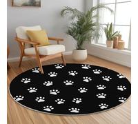 Round Area Rugs Flannel Non Slip ø 100 cm, Minimalist Cute Paw Prints Theme Short Pile Fluffy Circle Carpet for Living Room Bedroom Home Office Dining Room Kitchen Decor, Black