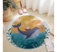 Round Area Rugs Flannel Non Slip ø 150 cm, Cartoon Illustration Style Whale Theme Short Pile Fluffy Circle Carpet for Living Room Bedroom Home Office Dining Room Kitchen Decor, Blue Orange