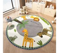 Round Area Rugs Fluffy Carpets Nursery Area Rug Crawling Play Mat for Children Toddlers Bedroom Shaggy Decor for Teenage Rug for Bedroom Living Room Anti-Skid Cartoon Lion (White, 80cm)