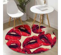 Round Area Rugs for Living Room 160 cm Fashion Watercolor Lips Theme Soft Circle Carpet Rug Non Slip Machine Washable Bedside Floor Rug for Bedroom Kitchen Home Decor, Red Cream