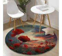Round Area Rugs for Living Room 200 cm Nature Poppy Fields Clouds Theme Soft Circle Carpet Rug Non Slip Machine Washable Bedside Floor Rug for Bedroom Kitchen Home Decor, Red Gray