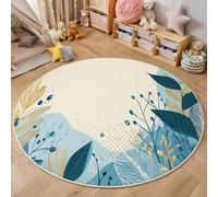 Round Area Rugs For Living Room,3D Blue Beige Leaf Lines Pattern Fluffy Soft Anti Slip Accent Rug Circle Carpet Rug Large Carpet Mat Graffiti Plants For Bedroom Kitchen Garden,180Cm