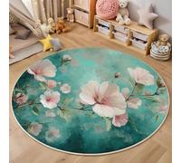 Round Area Rugs For Living Room,3D Blue-Green Flowers And Leaves Pattern Fluffy Soft Anti Slip Accent Rug Circle Carpet Rug Large Carpet Mat Fantasy Plants For Bedroom Kitchen Garden,100Cm