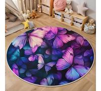 Round Area Rugs For Living Room,3D Blue-Purple Beautiful Butterfly Pattern Fluffy Soft Anti Slip Accent Rug Circle Carpet Rug Large Carpet Mat Fantasy Insects For Bedroom Kitchen Garden,200Cm