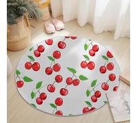 Round Area Rugs for Living Room 60 cm, Round Area Rug Red Non Slip Cartoon Cherry Branches And Leaves Printed Theme Rug Carpet for Bedroom Entryway Kitchen Kids Room Playroom Home Decor