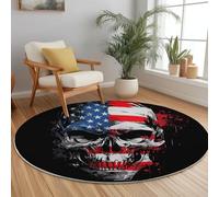 Round Area Rugs Gothic American Flag Skull Pattern Circle Carpet Floor Mats, 150 cm Soft Machine Washable Rug, Black Low-Pile Resistant Thin Rug for Living Room Coffee Dining Room