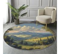 Round Area Rugs Green, Soft Fluffy Mountains Trees Printed Circle Rug, Washable Flannel Realistic Natural Scenery Carpet, for Children's Bedroom Bedside Bathroom Playing Room 120cm