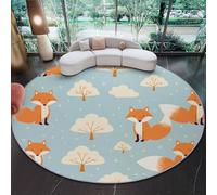 Round Area Rugs Living Room Ø150 Cm Cartoon Fox Trees Blue - Soft Crystal Velvet Carpet Mat For Bedroom Circle Area Rug Non Slip Washable Floor Rug Non Shedding Floor Carpets