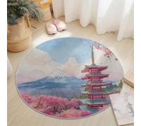Round Area Rugs Living Room 60 Cm Japanese Style Mount Fuji Five-Story Pagoda Blue - Soft Carpet Mat For Bedroom Circle Area Rug Non Slip Washable Floor Rug Non Shedding Floor Carpets