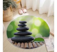 Round Area Rugs Living Room, Soft Serene Stone Bamboo Leaves Carpet Mat for Bedroom Circle Area Rug Non Slip, Washable Carpet for Kitchen Home Decor Floor Mat 60 cm, Black Green