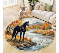 Round Area Rugs Orange Color, Soft Fluffy Black Horse By The River Printed Circle Rug, Washable Flannel Autumn Scenery Animals Carpet, for Children's Bedroom Bedside Bathroom Playing Room 90cm