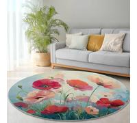 Round Area Rugs Retro Fantasy Poppies Pattern Circle Carpet Floor Mats, 160 x 160 cm Soft Machine Washable Rug, Light Blue Low-Pile Resistant Thin Rug for Living Room Coffee Dining Room