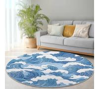 Round Area Rugs Simple Waves Lines Pattern Circle Carpet Floor Mats, 120 x 120 cm Soft Machine Washable Rug, Blue Low-Pile Resistant Thin Rug for Living Room Coffee Dining Room