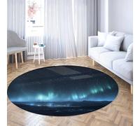 Round Aurora Borealis Extra Large Area Rug Ice Blue and Midnight Blue Northern Lights with Silver City Glow Washable Girls Bedroom Rugs 60cm