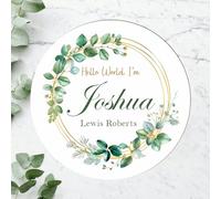 Round Baby Boy Welcome Plaque 14cm x 14cm, Neutral Green Theme, New Baby Keepsake, Baby Shower, Personalised Name Wooden Sign, Ideal for Nursery Decor, Milestone Memory (Green & Gold)