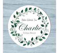 Round Baby Boy Welcome Plaque 14cm x 14cm, Neutral Green Theme, New Baby Keepsake, Baby Shower, Personalised Name Wooden Sign, Ideal for Nursery Decor, Milestone Memory (Green Leaves)