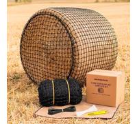 Round Bale Hay Net 5x5 ft, Slow Feeder Hay Net for Horses, Goats & Cattle - 1.5" Knotless Mesh Cuts Hay Waste & Protects Teeth - 0.19" Thick Rope, Fits 4'-5' Round & Square Bales - Repair Kit Included