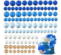 Round Ball Cake Toppers, 108 PCS Cake Balls, Ball Cake Toppers, Mini Balloons Cake, DIY Topper Insert Decoration for Wedding Party Birthday Decorating (Blue White Gold)