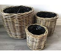 Round Baskets/Planters, Plastic Lined, Excellent Quality, Very Strong Kuba Rattan (Medium)