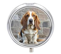 Round Basset Hound Pill Box Small Pill Case with 3 Compartment Portable Metal Medicine Organizer Mini Travel Medicine Vitamin Supplement Container for Pocket Purse