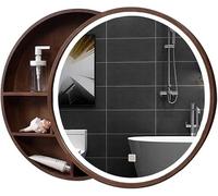 Round Bathroom Mirror Cabinet with LED Light Wall Mounted Makeup Mirror for Bedroom Wooden Vanity Storage with Round Illuminated Makeup Mirror