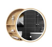Round Bathroom Mirror Cabinet with Light WallMounted Wooden Vanity Mirror with Storage Illuminated Cosmetic Mirror for Bedroom and Bathroom Use