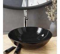 Round Bathroom Sink Tempered Glass Sink with Pop Up Waste Single Lever Tap Black for Vanity Basin 42cm Diameter