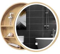 Round Bathroom Storage Cabinet with LED Mirror Light Wooden Wall-Mountedfor Bedroom Stylish Vanity Cabinet with Mirror for Space-Saving Decor