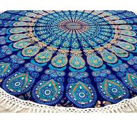 Round Beach Tapestry Turquoise Mandala Throw/Boho Hippie Beach Blanket Roundie/Indian Cotton Bohemian Large Round Table Cloth-Home Decor/Yoga Mat Meditation Picnic Rug (42", Blue)