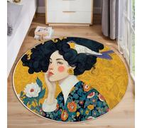 Round Beauty Oil Painting Rug, Victorian Aesthetics Area Rugs For Living Room, Mustard Yellow Washable Non Slip Circle Rugs, Short Pile Floor Carpet For Bedroom Small Rug For Easy Care 160 Cm