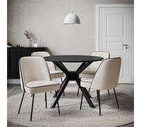 Round Black Dining Table Set with 4 Cream and Black Upholstered Chairs - Seats 4 - Karie