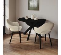 Round Black Drop Leaf Dining Table Set with 2 Beige Upholstered Chairs - Seats 2 - Carson