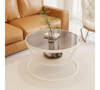 Round Black Glass Coffee Table with Storage - Modern Circle Side Table for Living Room Bedroom Office & Lounge - Stylish Metal Frame Design Small Space Friendly 45cm White Gray