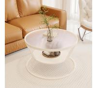 Round Black Glass Coffee Table with Storage - Stylish Circle Side Table for Living Room Bedroom Office Reception & Lounge - Metal Frame Compact Design 60cm Modern White Changhong